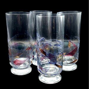 Fostoria Galleria Mosaic Stained Glass Footed Highball Tumblers Romania Set Of 4